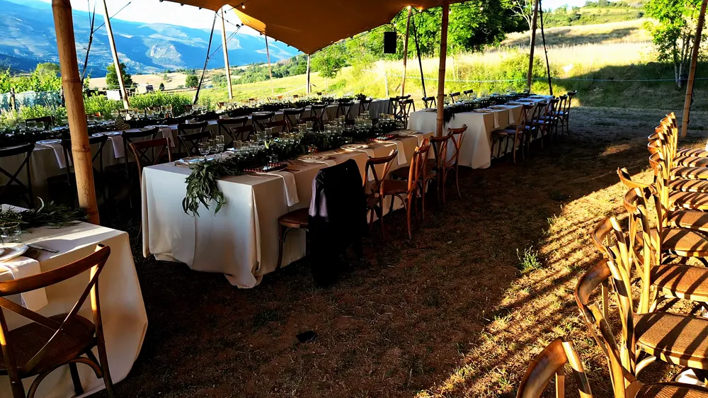 Banquet de casament sota una carpa entre vinyes, vist des d'un dron