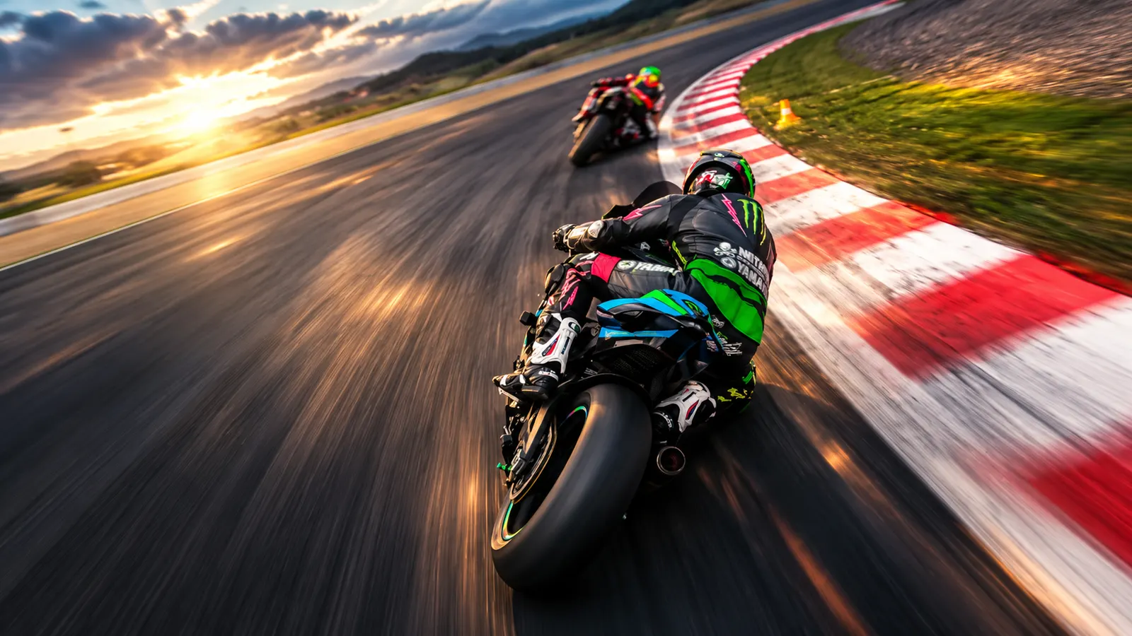 Motos de carreras en un circuito al atardecer