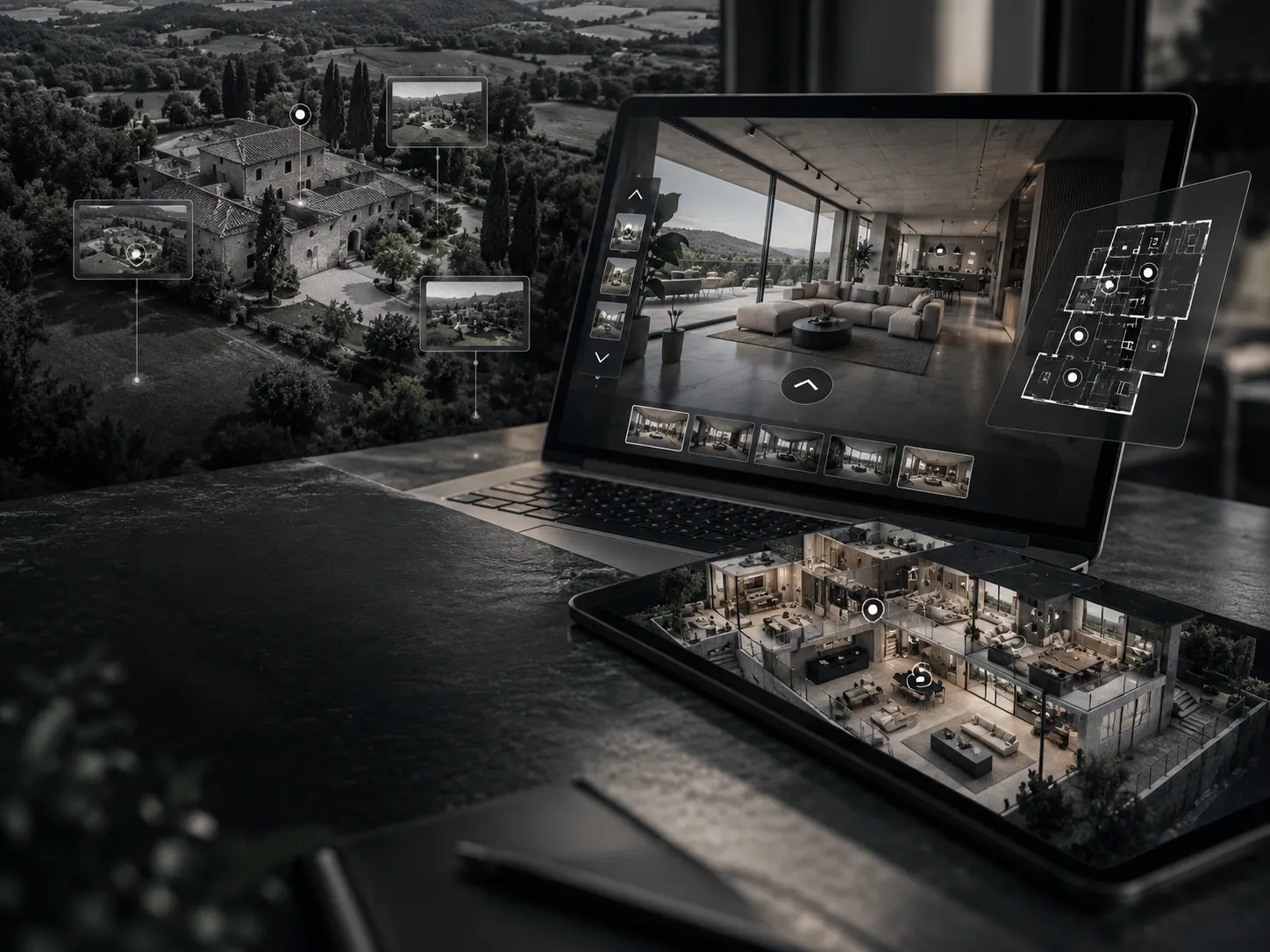 Tour virtual y plano de una vivienda en un portátil y una tableta