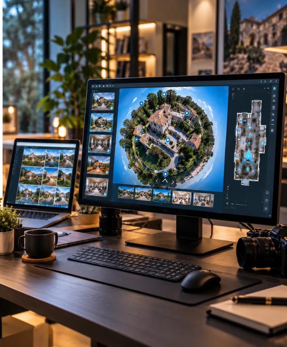 Monitor con el programa de edición de un tour virtual y una vista 360º de una masía