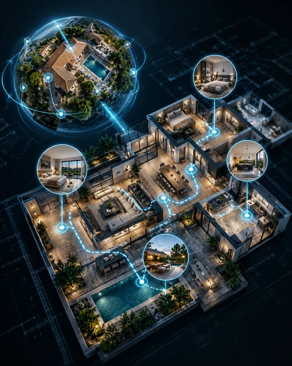 Plano de una vivienda con puntos de enlace y vistas 360º de cada estancia