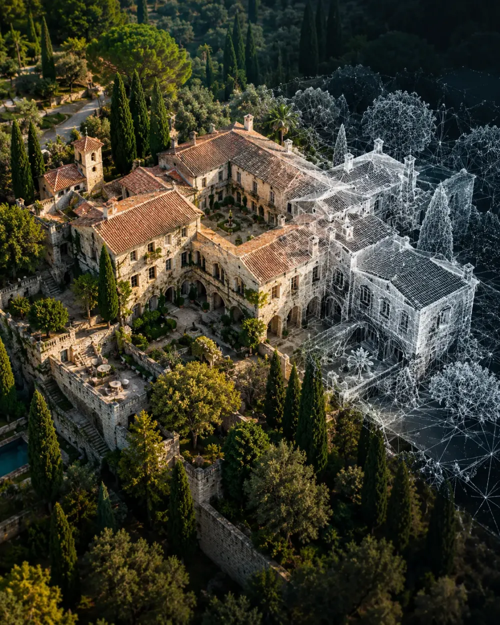 Masía vista desde el aire con su modelo 3D en malla de líneas