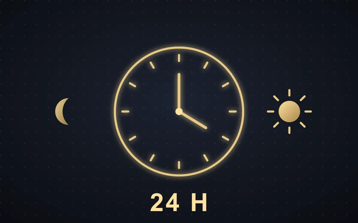 Reloj con el rótulo 24 horas, sol y luna